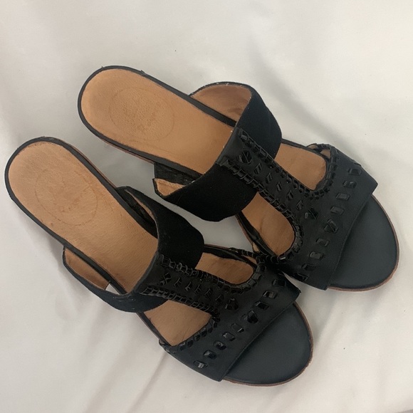 JACK ROGERS NORA Black Leather WEDGE SANDALS - Picture 2 of 8